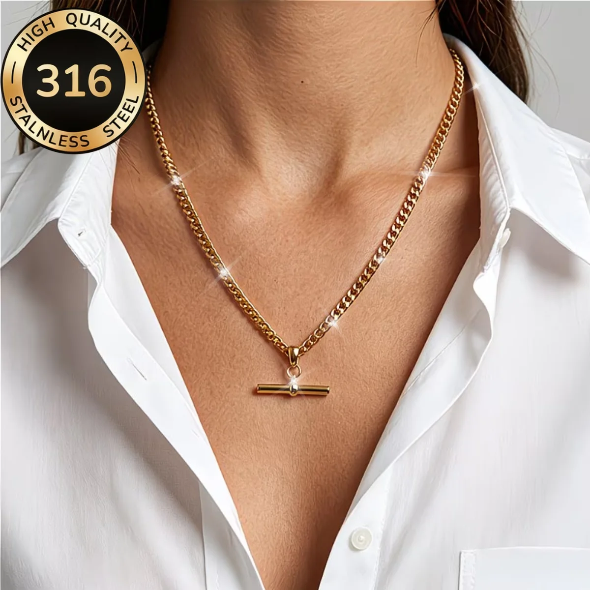 Image of 18K Vergoldete Figaro-Kubanische Kette mit T-Bar-Anhänger Halsketten für Damen und Herren, Rostfreier Stahl, Wasserfest, Party-Schmuck, Paar-Geschenke