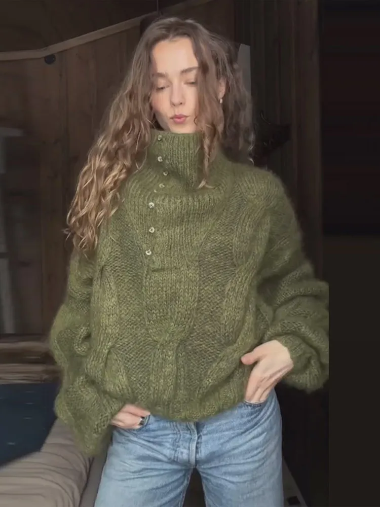 Women's Vintage Knit Sweater Solid Stand Collar Lantern Long Sleeve Cropped Oversize Pullovers 2026 Autumn Winter Casual Outfits