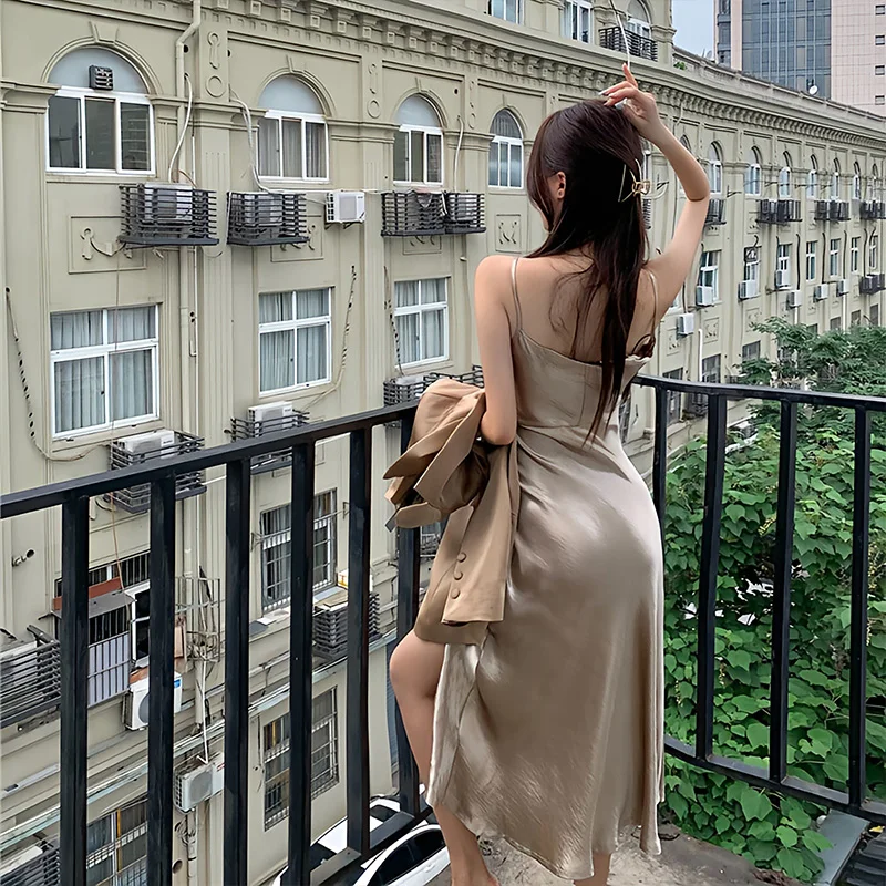 Robe à enfiler longue en fibre de satin, coupe couvertes, couleur unie, fente latérale, version coréenne, robe sexy, robe de soirée élégante, conception de niche