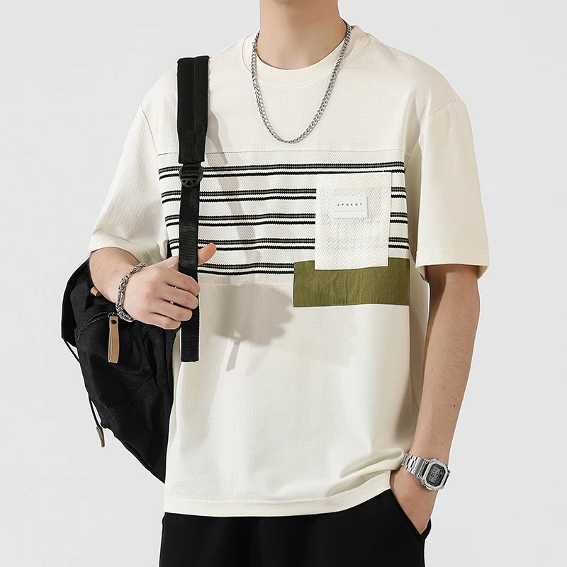 Round neck short sleeved T-shirt for men's summer 2024 new fashion color contrast patchwork breathable loose casual top