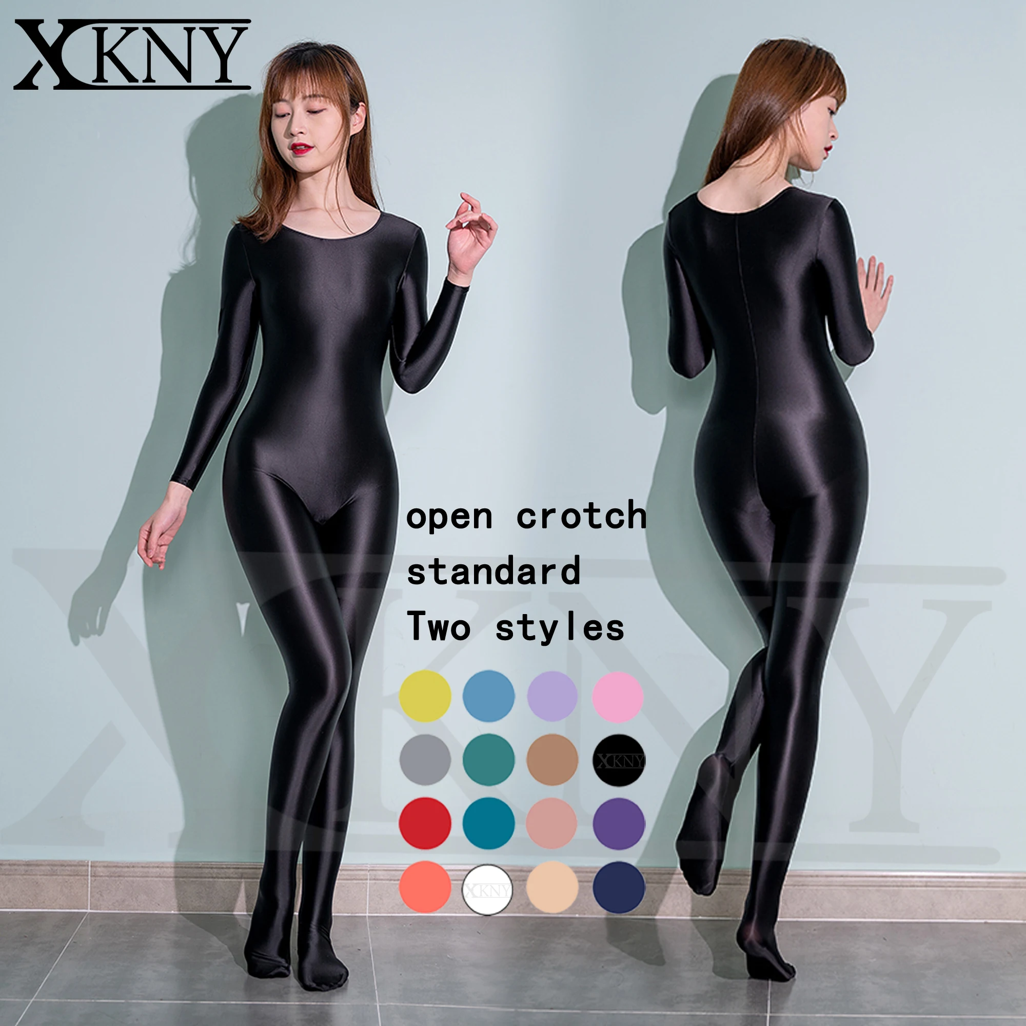 XCKNY oil glossy tights sexy smooth slip round neck one piece pants casual step on one-piece pants Yoga Pants sexy crotch pants