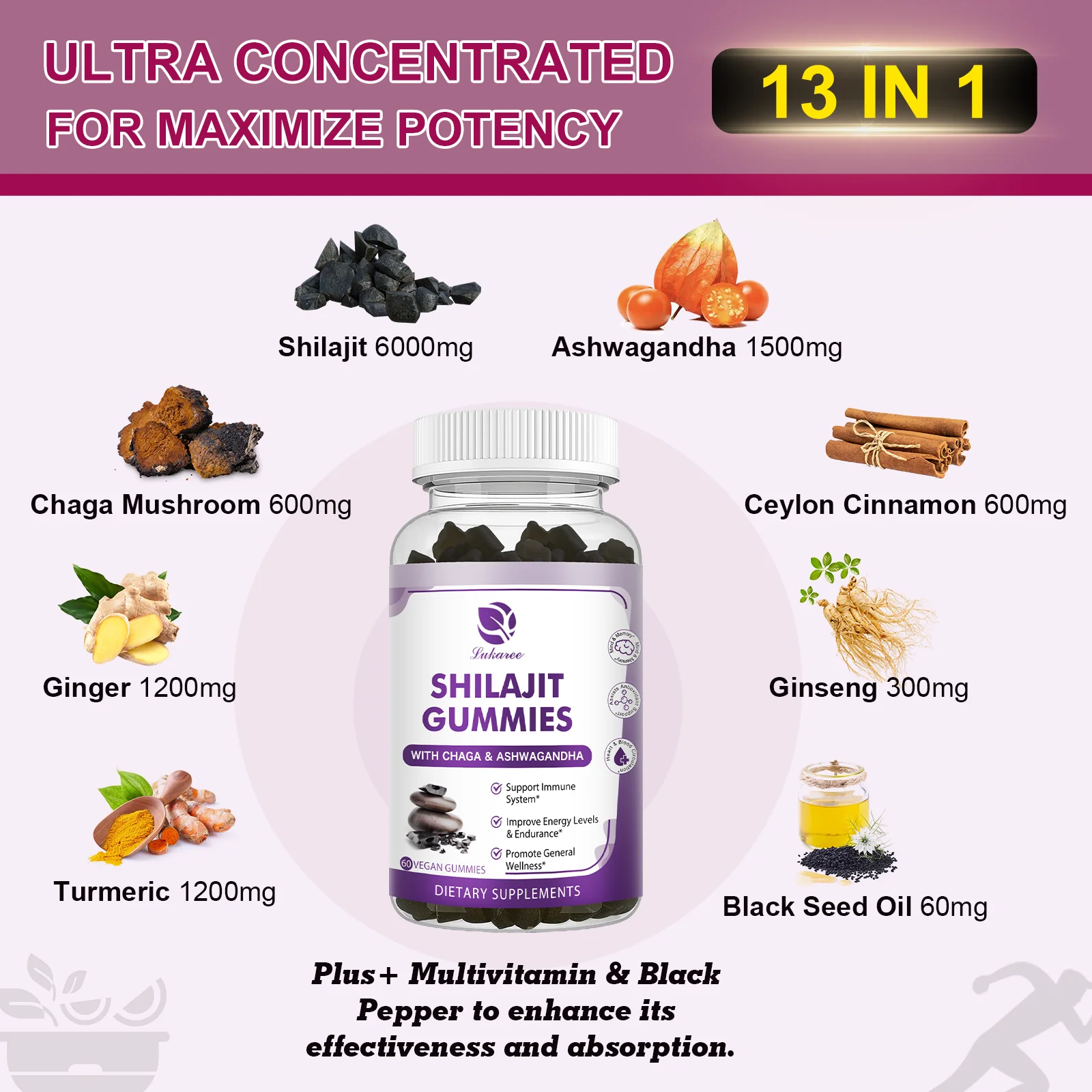 Lukaree 100% Organic Chaga Mushroom SHILAJIT Gummies 10 x More Absorption & Bioavailability