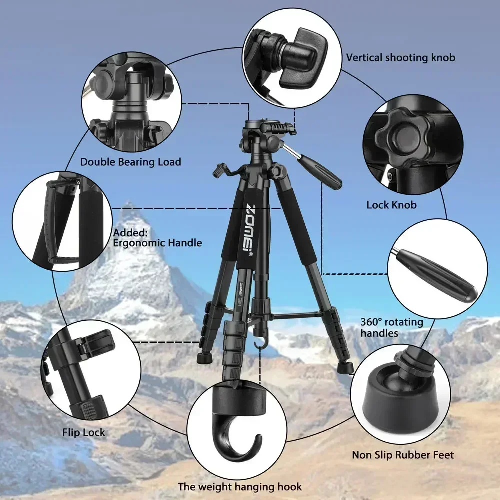 Q188 Professional Camera Tripod Lightweight Travel  Photography Tripod 187cm/73.64\'\' Adjust-height 360° Panorama  with Pan Head