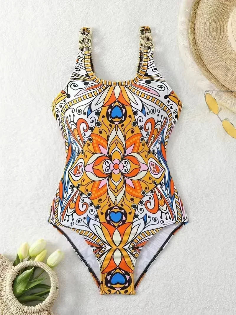 New Sexy Geometric Printed One Piece Swimsuit Women Swimwear Ring Shoulder Monokini High Waist Bathing Suit Bodysuit Beach Wear
