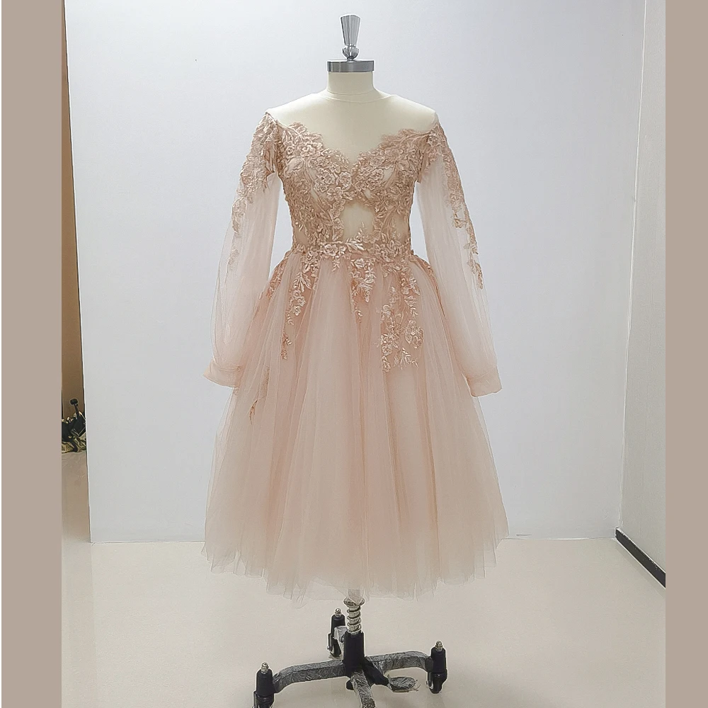 

STEVDITG Elegant Long Sleeves Champagne Evening Dresses Knee Length A-line Appliques Pretty Prom Banquet Mini Ball Gowns