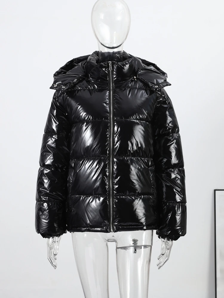Kurze Glänzende Kapuzenjacke für Damen, Street-Style Stehkragen, Laternenärmel, Lose Passform, Modische Damenjacken, Neue Oberbekleidung – Detail 8