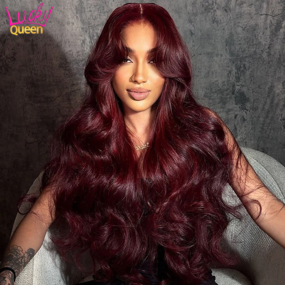 

13X6 Dark Burgundy 180 Density Human Hair 99J Frontal Pre Plucked 5X5 Closure Body Wave For Women Brazilian Wig Transparent Lace