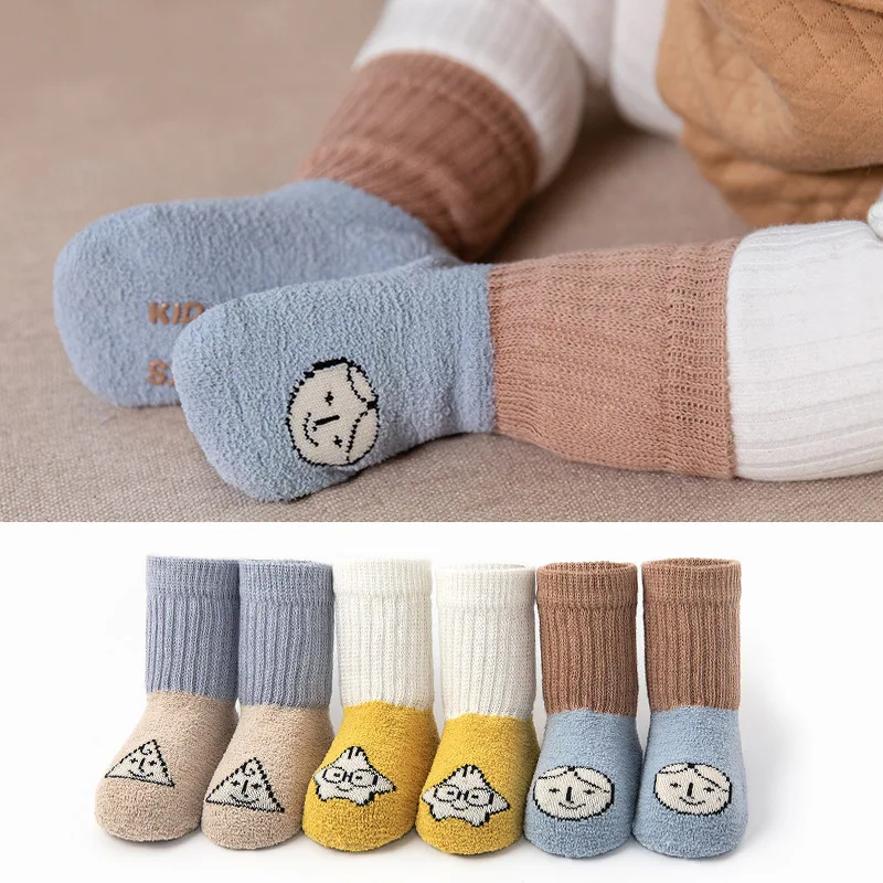 1-3T 3Pairs Baby Boys Girls Toddlers Non Slip Floor Walking Grip Socks Set Cute Kids Anti Skid Winter Warm Thick Cotton Socks