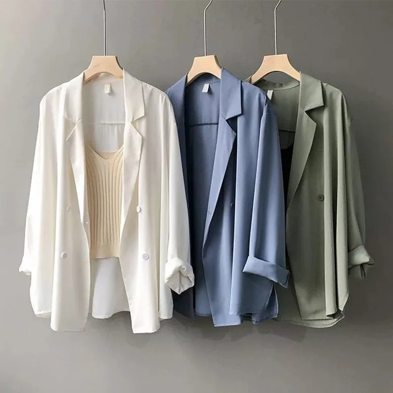 Spring Summer Chiffon Blazer for Women V-neck Solid Color Suit Jacket  Korean Casual Fashion Loose Chic Office Lady Coat