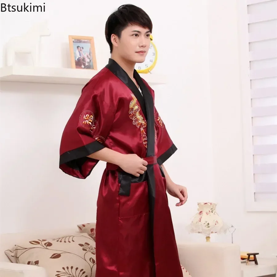 2025 New Couple Tang Suit Embroider Pajama Robes Men's Chinese Style Dragon Robe Home Clothes Men Satin Kimono Bathrobe One Size