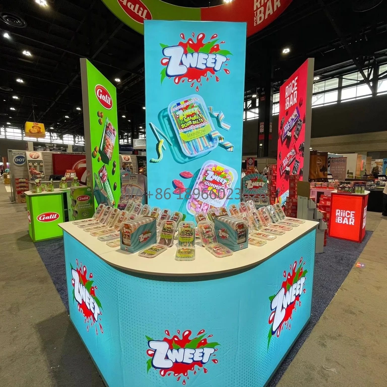Food Industry Natural Products Expo West 20x20 Trade Show Booth With Curved LED  Backlit Counter and Hanging Sign