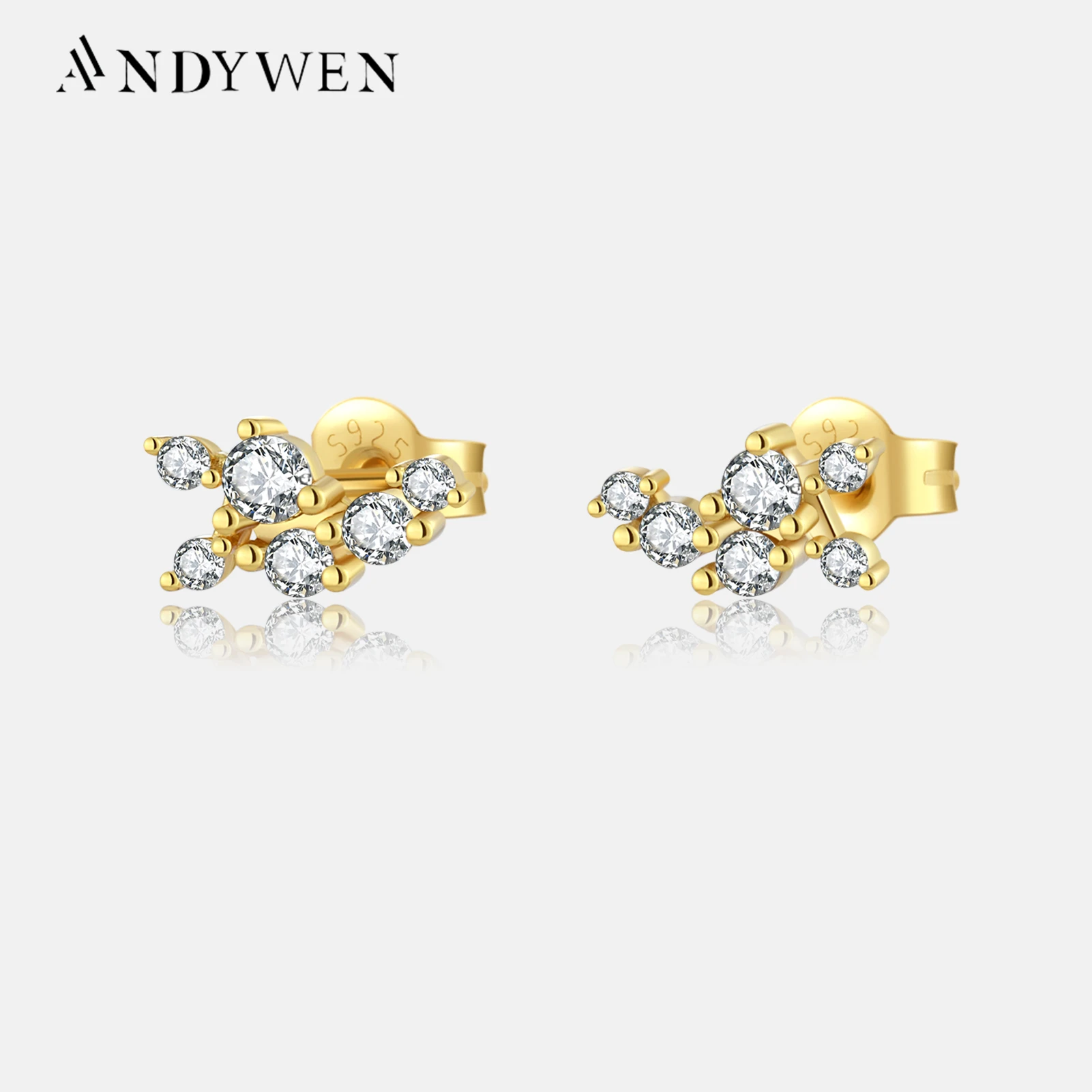 

ANDYWEN 100% 925 Sterling Silver Gold Flower Zircon Stud Earring Piercing Pendiente Clips New 2023 Wedding Jewelry Gift