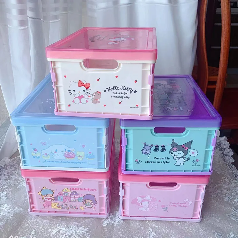 

Cute Sanrio Foldable Cosmetic Storage Cartoon KT Melody Kuromi Jewellery Box Plastic Protable Desktop Organizer with Cover Gift