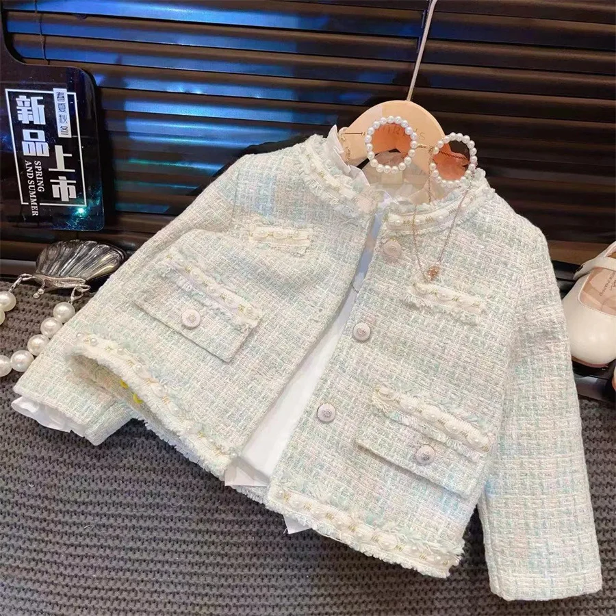 Girls Coat 2024 New Spring Baby Checkered Lace Design Sweet Cute and Gentle Coat Kids Jackets for Girls