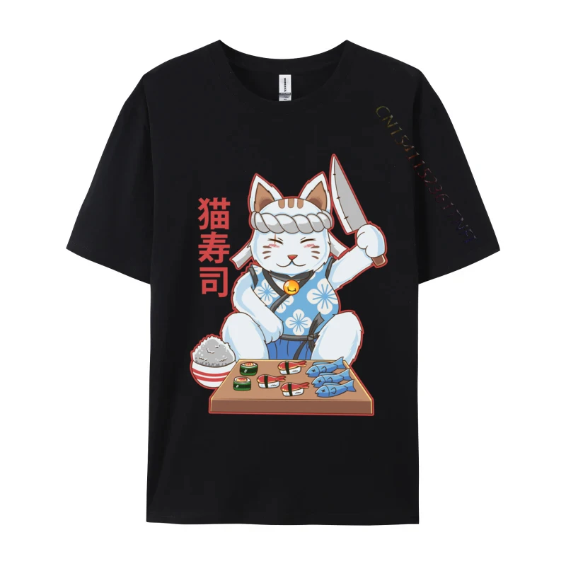 Maneki Neko Sushi Bar Kawaii Raw Cat Food Japanese Chef Man 2024 New Fashion Design Tops Tees Crew Neck Camisa Men Cotton