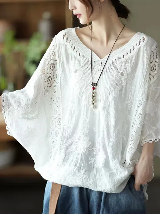 

Ladies ort Sve Hook Flower Cover irt Sweet Sle Loose Cotton Summer Top with Chest Pad Batswing Sve Low Waist