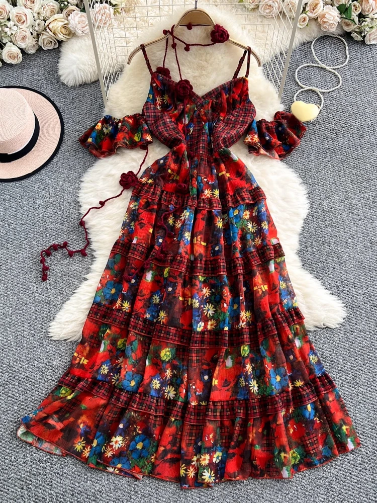 

French Vintage Camisole Dresses Flower Plaid Ruffles Patchwork Long Dress Summer Vacation Style Vestido Elegant Women's Clothing
