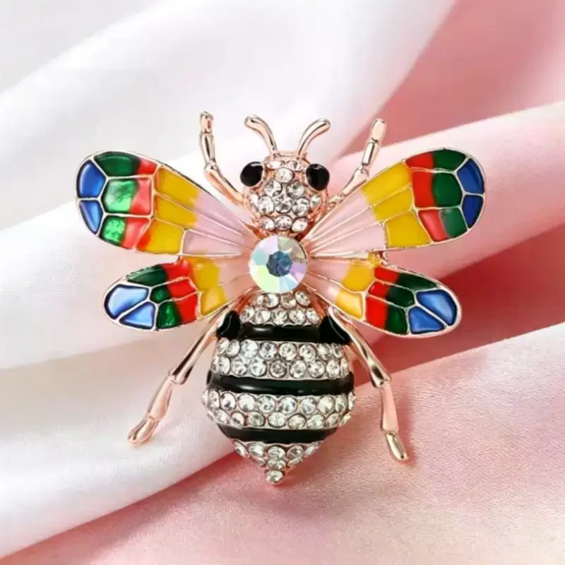 Sparkling Rhinestone Enamel Bee Brooch Shiny Crystal Accents Colorful Wings For Daily Wear Parties Decoration