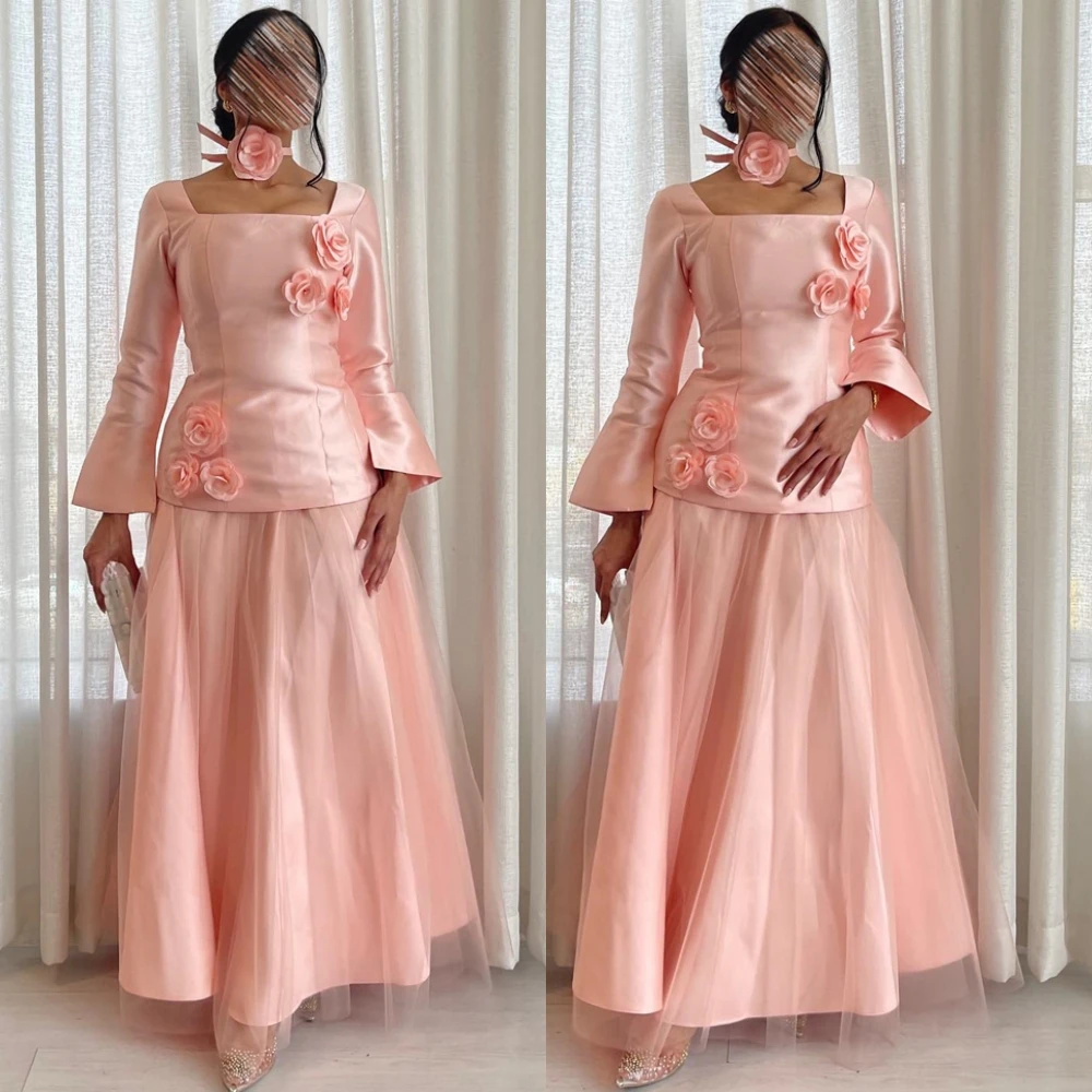 

Customized Elegant Satin Evening Dress Exquisite Square Collar Flowers Prom Dresses Modern Long Sleeves Special Occasion Gowns