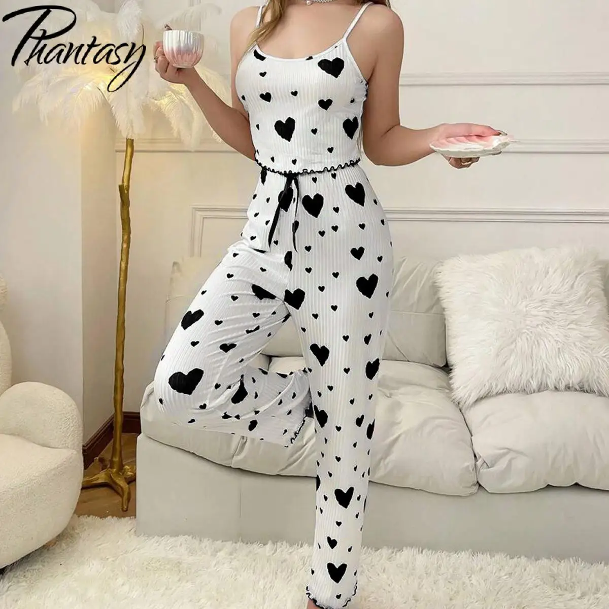 

Мягкий пижамный комплект Phantasy, комплект из 2 предметов, короткий жилет, брюки с принтом любви, брюки с высокой талией, повседневный стиль, женская одежда для сна, женская одежда