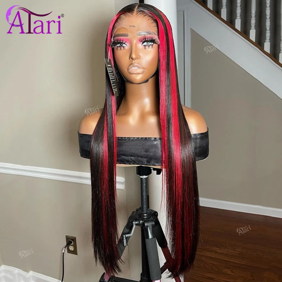 Perruque Lace Front Wig naturelle lisse, 13x4, 13x6, 5x5, mèches rouges et noires, transparente, pre-plucked