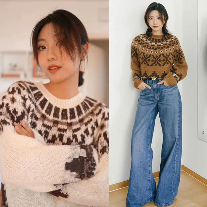 

【Gift Free】2025 Autumn Winter Vintage Fair Isle Fan Jacquard Soft Dropped-Shoulder Round-Neck Pullover Sweater for Women