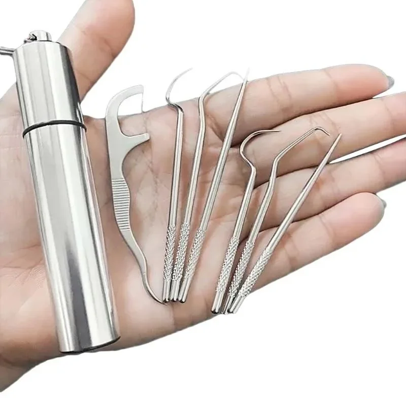 7Pcs Stainless Steel Toothpick Set Portable Oral Cleaning Tools Tooth Flossing Artifact Outdoor Picnic Camp Reusable Toothpick