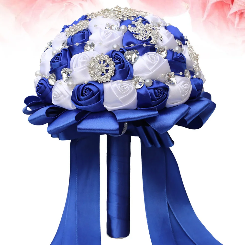 

1Pcs Bride Wedding Bouquet Ribbon Artificial Bridal Bouquet White Blue Rhinestone Decor for Wedding Decoration Gift