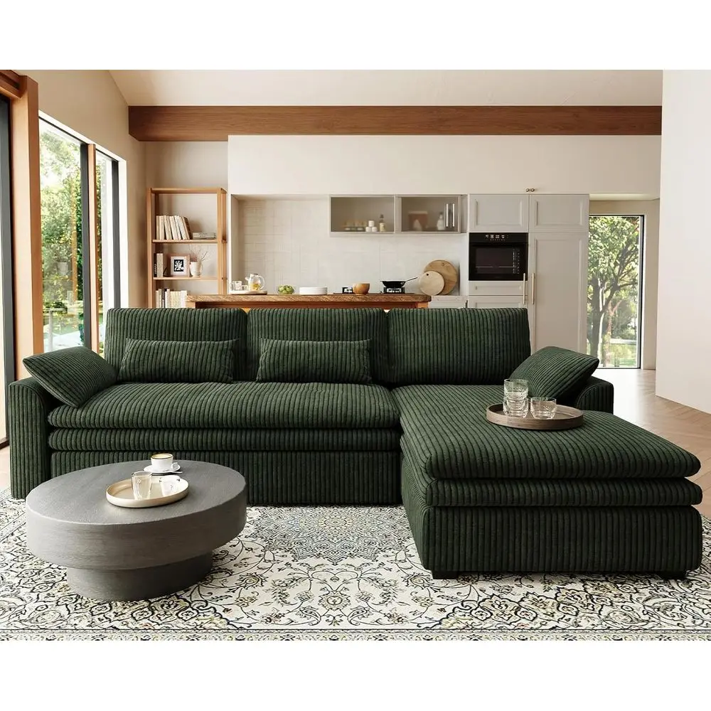 

104 Green Corduroy L-Shaped Sofa with Deep Chaise and Dual-Layer Seat Cushions