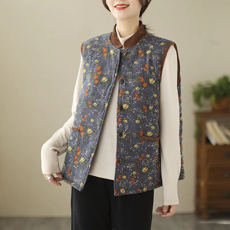 Autumn Winter Floral Vest Jacket Cotton And Linen Loose Large Size Retro Versatile Casual Quilted Top Sleeveless Waistcoat T1590