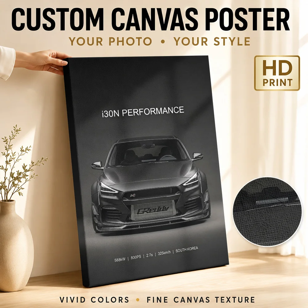 Black Korean I30N Performance Car Minimalist Canvas Poster Personalized Photo Modern Gallery Style Canvas Wall Art Garage Decor