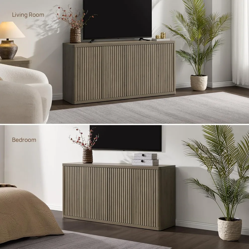 حامل تلفزيون لغرفة المعيشة - مركز ترفيهي مع مساحة تخزين لتلفزيون 65 بوصة، حامل تلفزيون حديث، كابينة وحدة تحكم طويلة مخددة