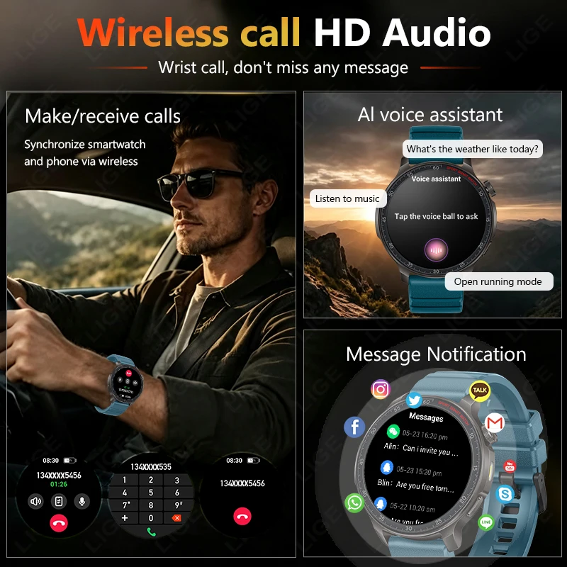 LIGE Outdooor 1000mAh High-Capacity Battery Smart Watch Bluetooth Call Sports Health Monitor Flashlight Men Military Smartwatch