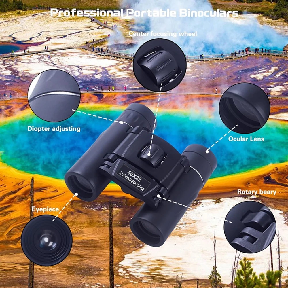 40x22 HD Powerful Binoculars 2000M Long Range Folding Mini Telescope BAK4 FMC Optics For Hunting Sports Outdoor Camping Travel