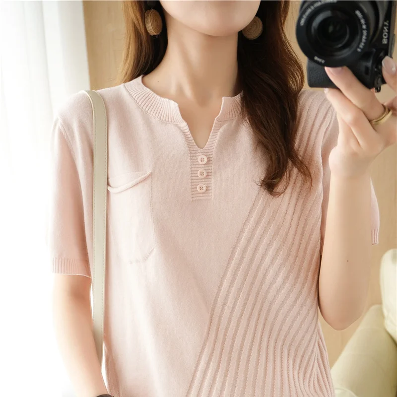 Women\'s T-Shirt Summer 100% Cotton Sweater Short Sleeve Solid Color V-Neck Ladies Tops Loose Blouse Basic Pullover Tees Pocket