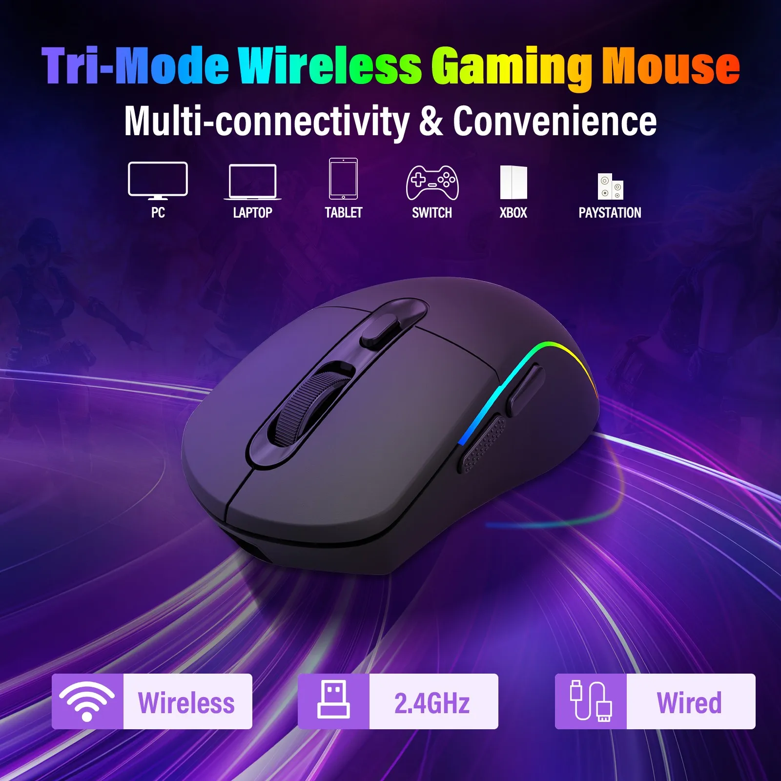 E-YOOSO Tri-Mode RGB Gaming Mouse Wireless BT 2.4G Type-C 4000 DPI 5 Levels 700mAh Battery Ergonomic Lightweight Mouse Office