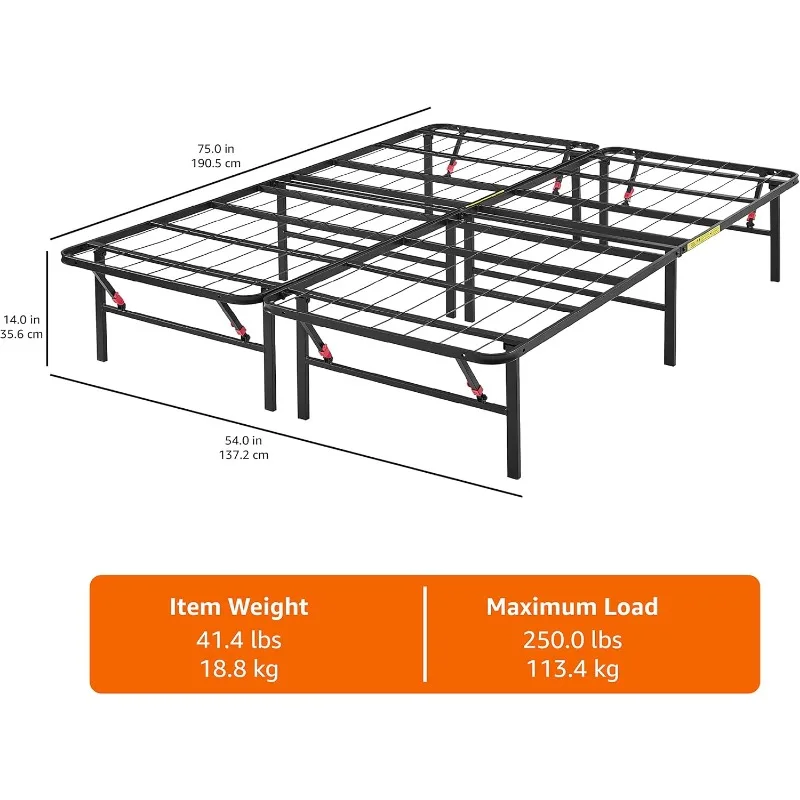 Basics Bed Frame with Storage, Foldable Metal Platform, Sturdy Steel, No Box Spring Needed, 14 inches High, Tool-Free Setup,