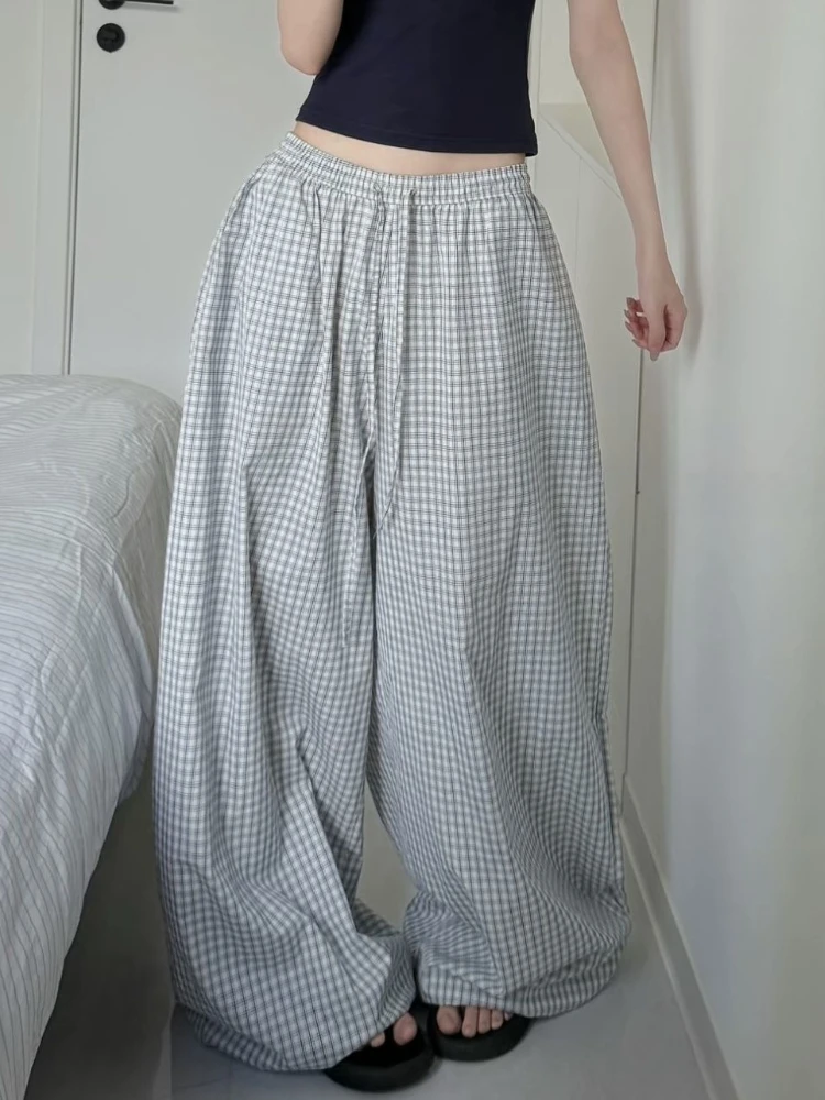 

HOUZHOU Casual Oversized Plaid Pants Women Basic Wide Leg Checked Trousers Harajuku Fashion Korean Style Baggy Blue Pants Summer