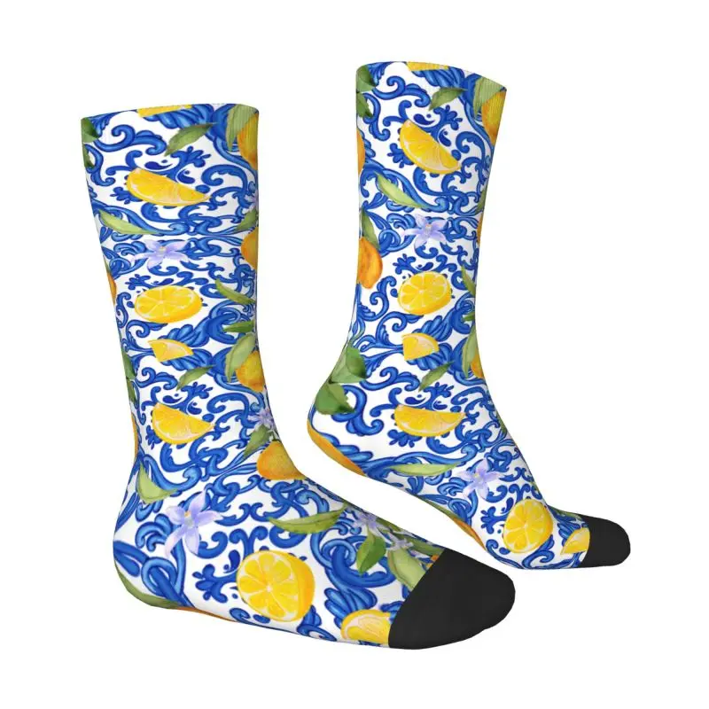 Custom Mediterranean Sicilian Blue Tiles Lemons Men Women Crew Socks Unisex Kawaii Spring Summer Autumn Winter Dress Socks