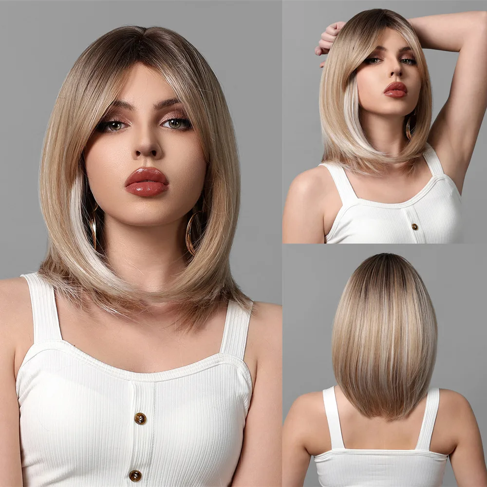 

Короткие светло-коричневые синтетические парики Прямой парик с темным корнем и челкой Парик из волос Боб для женщин Использование Косплей Вечеринка Термостойкое волокно