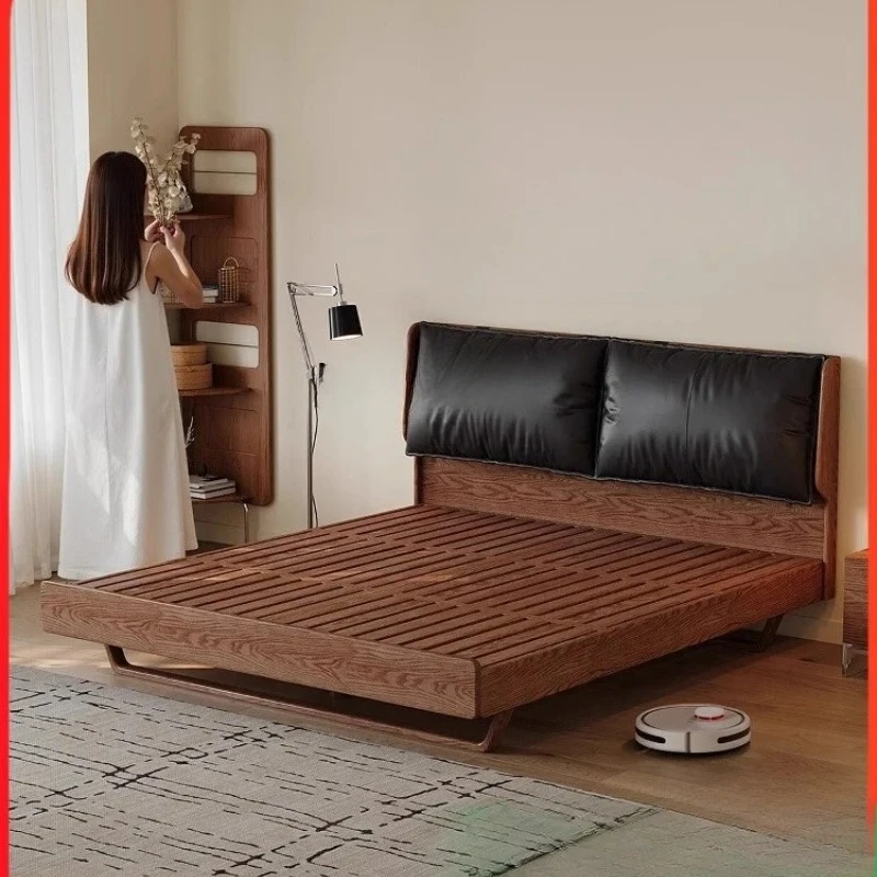 

Leather soft bag solid wood double bed antique retro master bedroom suspended square edge ash wood bed