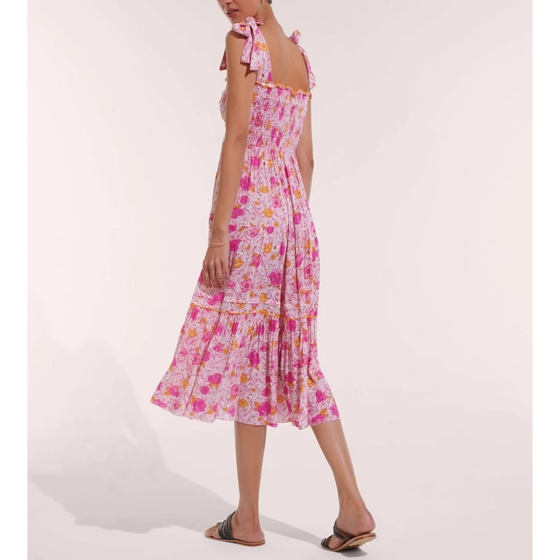 Feminino verão multi-way vestindo alças largas arco amarrado smocked botão para baixo floral flowy a linha tanque vestido longo