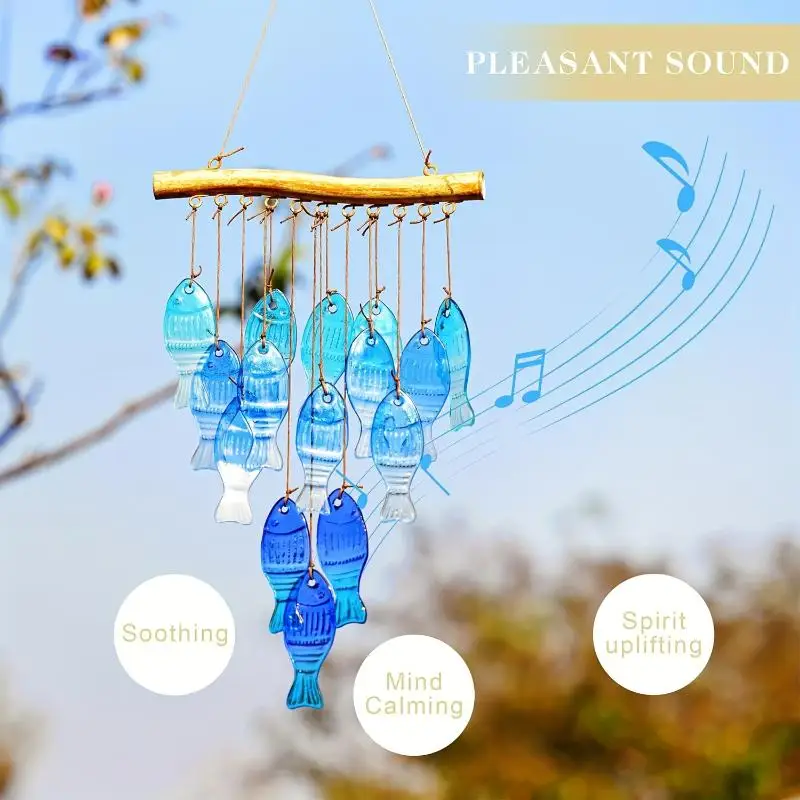 Blue Glass Sea Wind Chimes, Outdoor Glass Wind Chimes, Handcrafted Fish Wind Chimes, Large Glass Wind Chimes, Beach Parties, Wed view 3
