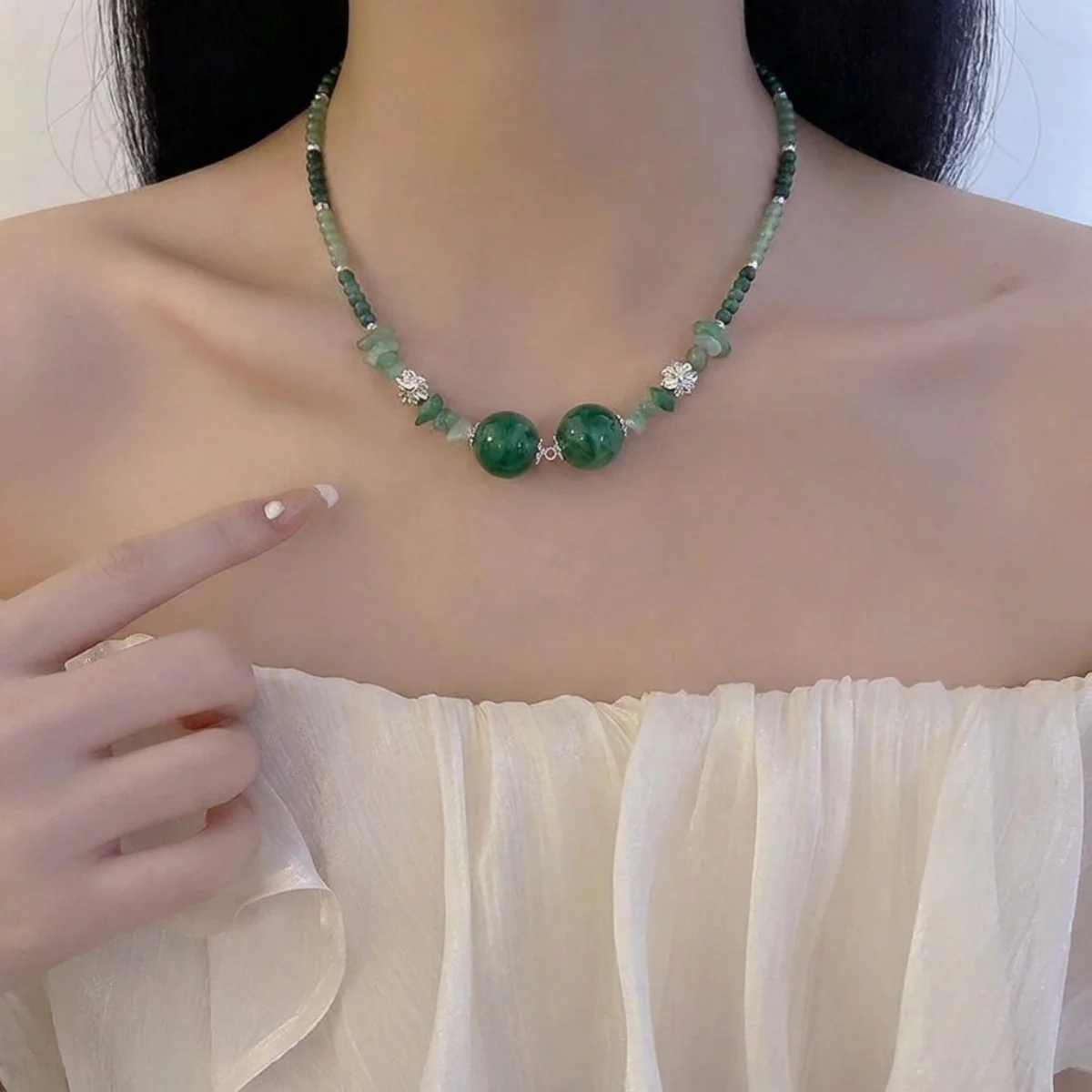 Vintage Ethnische Grüne Naturstein-Halskette mit Unregelmäßigen Perlen für Frauen und Männer, Chinesischer Stil, Silberfarbener Lotusblumen-Choker Schmuck – Detail 20