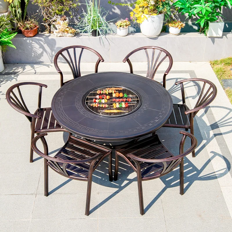 New Design Cast Aluminum Round Revolving Dining Table Set with 6 Chairs Round BBQ Table