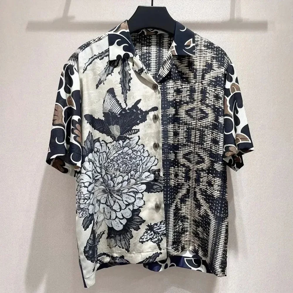 Y2K Mens Shirt Butterfly Print Pattern Splicing Short Sleeved Shirt Summer Breathable Sweat Absorbing Top Men's Clothing 2024