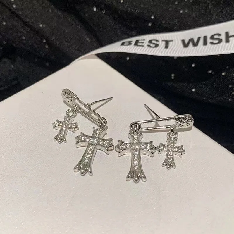 ins style silver diamond cross earrings Japanese and Korean French niche design earrings flash diamond pin earrings