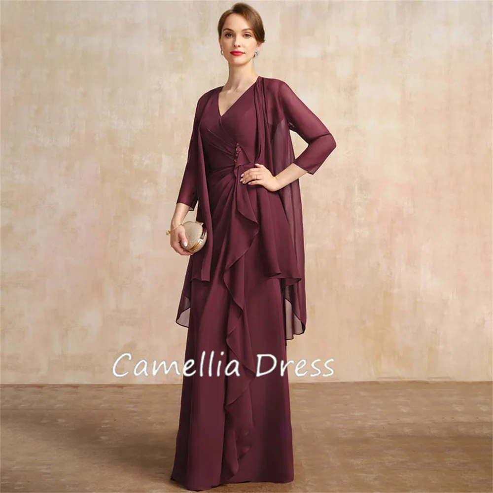 Vestido de gasa con cuello en V para madre de la novia, traje Formal con cuentas, largo hasta el suelo, novedad