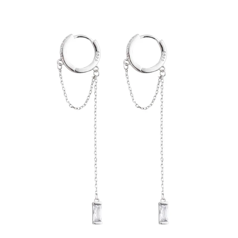 925 Silver Needle Crystal Tassel Chain Stud Earrings For Women Wedding Jewelry Female Pendientes eh1047
