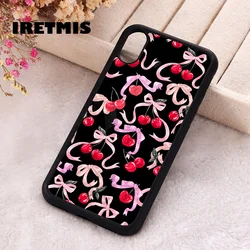 Iretmis Phone Cover Case For iPhone X XS Max XR 11 12 13 PRO MINI 14 15 16 Plus Rubber Silicone Black Cherry Ribbon